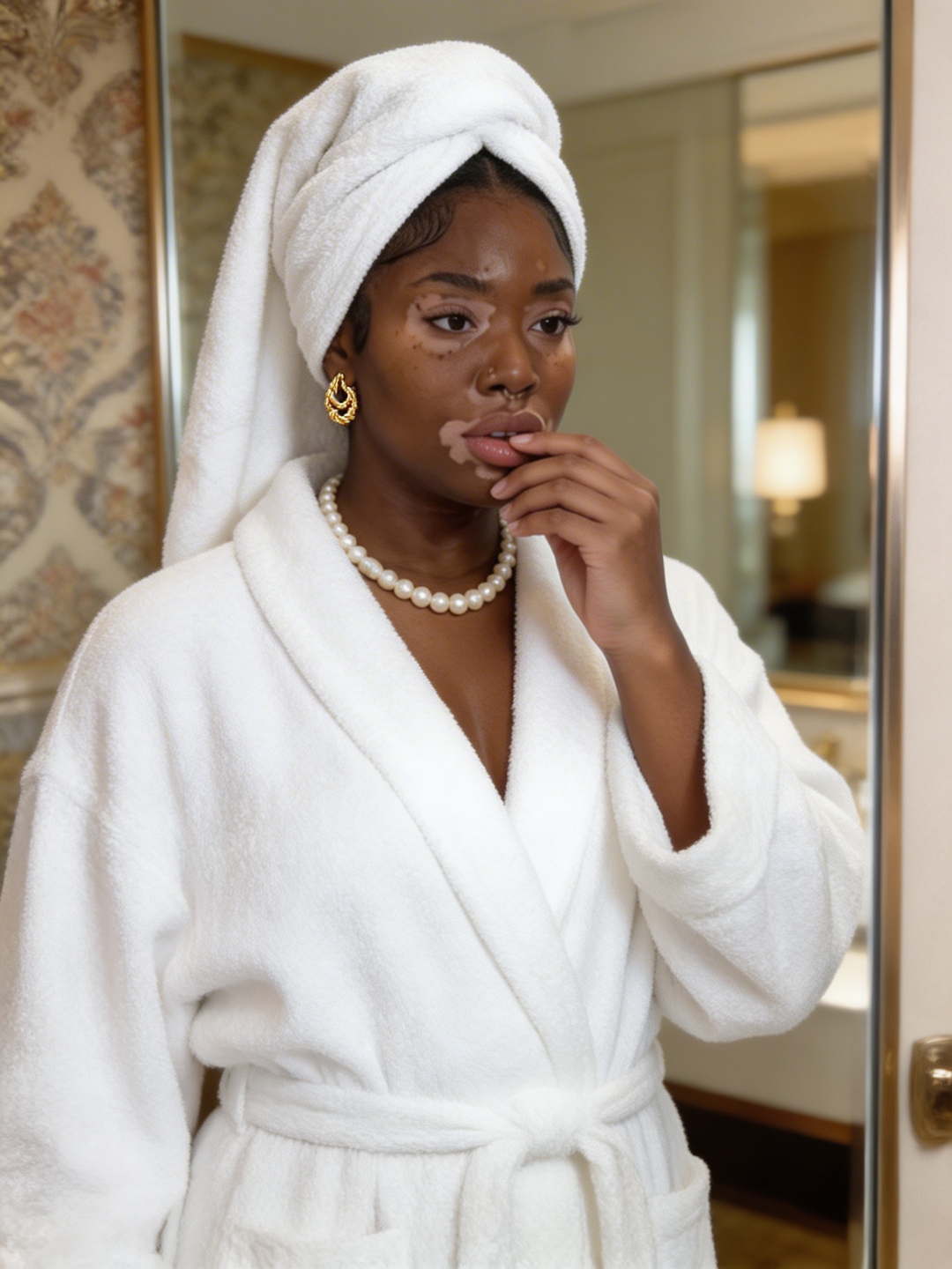 Morning ritual — Payton in white robe with pearls